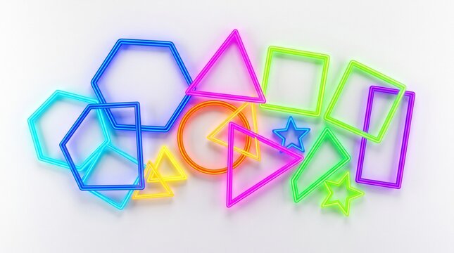 "Abstract neon geometric shapes overlapping on white background, colorful outlines of triangles circles squares pentagons hexagons, vibrant dynamic composition emphasizing contrast and playful design.