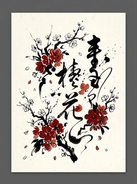 Traditional ink painting with red plum blossoms and calligraphy script