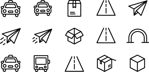 E-commerce shopping cart line icon set vector illustration featuring commercial store symbols price tags discounts delivery trucks online retail digital design elements © SARIFA