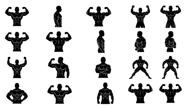 Muscular Bodybuilding Silhouette Poses and Biceps Muscle Flat Vector Icon Set Isolated on White Background