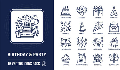 Fototapeta premium Linear Vector Icon Collection Featuring Essential Celebration and Birthday Party Elements for Festive Graphic Design Projects
