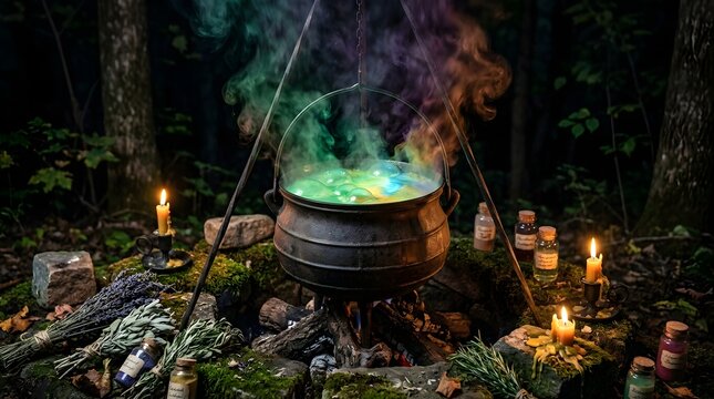 Large antique cast iron cauldron hanging over a fire with colorful magical smoke in the woods