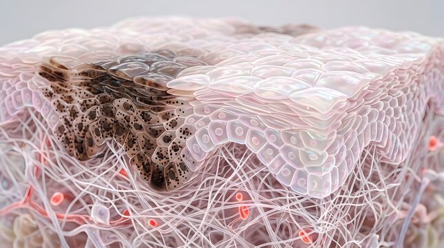 Microscopic skin layer cross section with melanin clusters and collagen fibers