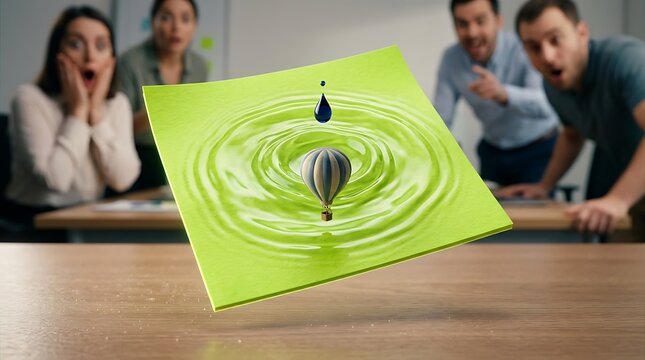 Shocked office workers looking at a floating note with surreal art