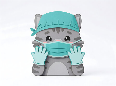 Paper craft illustration of a grey kitten surgeon in scrubs