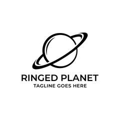 Minimalist outline planet with tilted planetary ring for ringed planet astronomy cosmic exploration futuristic technology logo design © ZahraOutsg