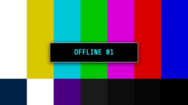 Television broadcast test pattern with vibrant vertical color stripes and digital text overlay featured in this retro motion video animation