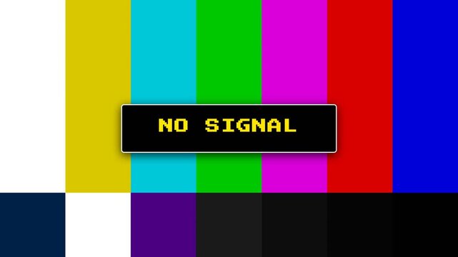 No signal broadcast test pattern with vibrant vertical color bars displayed on a retro television screen in this digital video clip