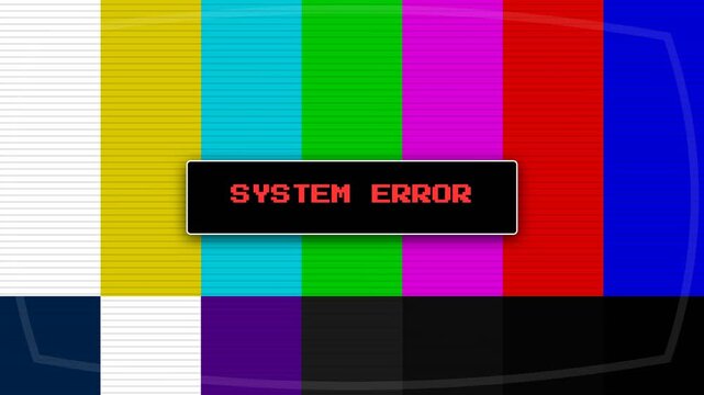 System error message displayed over vibrant multicolored television test pattern screen motion animation for digital broadcasting glitch video clip