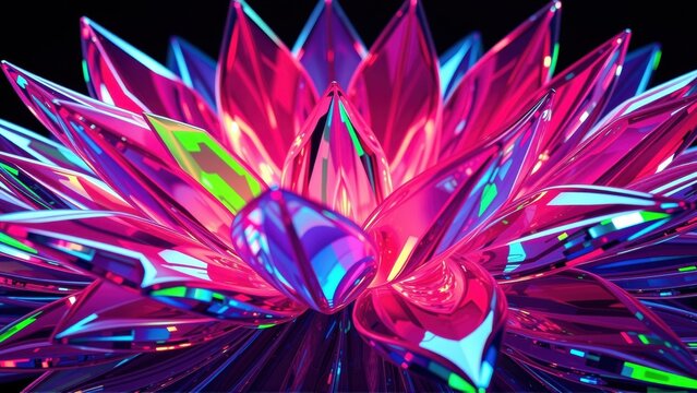 Vibrant crystal flower blooms. Petals radiate neon colors, creating futuristic aesthetic. Dark background emphasizes luminosity.