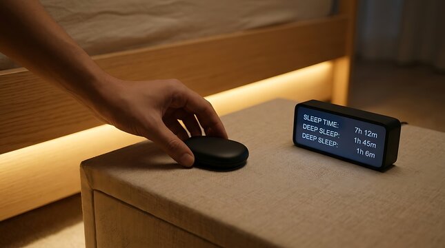 Hand reaching for a sleep tracker next to a digital sleep monitor