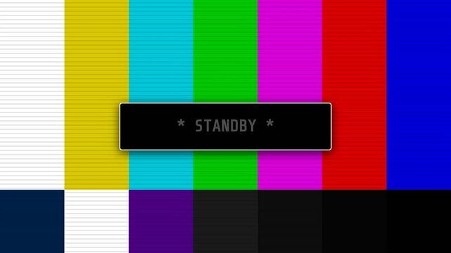 Television broadcast test card featuring vibrant colorful vertical bars and a central standby label in this classic digital motion video.