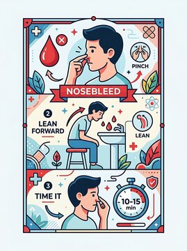 Medical infographic showing how to stop a nosebleed in three steps