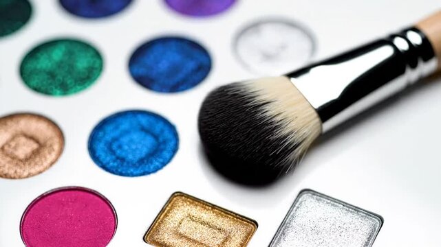 Eye shadow palette with a makeup brush demonstrating cosmetic artistry on a white background