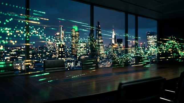 Futuristic boardroom with digital data trails over city skyline