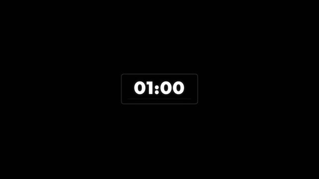 Minimalist digital countdown timer displaying shifting white numbers on a sleek black background for modern broadcast motion graphic video clip