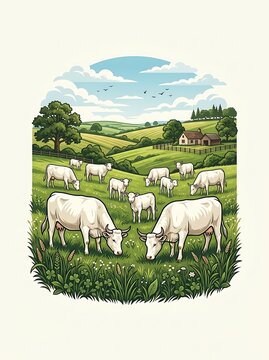 White cows and calves grazing on a lush green farm landscape