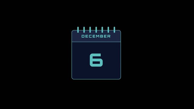 Digital calendar page animation showing dates in December with glowing cyan numbers against a clean black background motion video clip