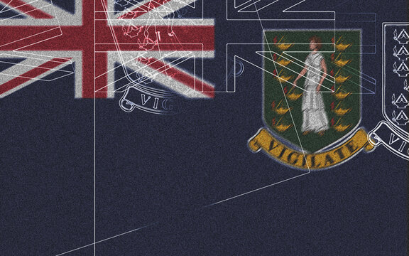 Vibrant British Virgin Islands Flag, Featuring the Union Jack and Detailed Coat of Arms with Saint Ursula, Lamps, and vigilate Motto, Enhanced by a Textured Background and Abstract Lines