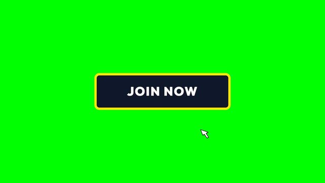 Join now button animation showing a white computer cursor clicking a dark rectangular digital interface on green screen video footage