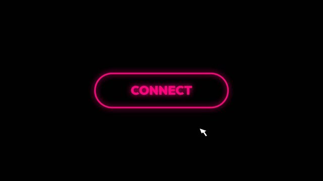 Connect button glowing with vibrant pink neon light effects on a dark screen in this smooth digital motion video animation