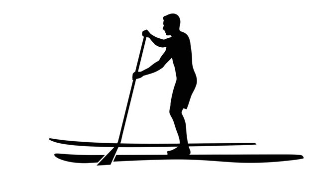 Man paddling on stand up paddleboard silhouette.