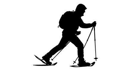 Fototapeta premium Silhouette of a man hiking with snowshoes.