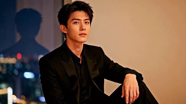 Man in black suit posing indoors