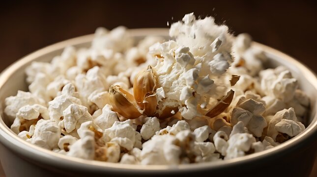 Macro shot of a popcorn kernel exploding in a bowl