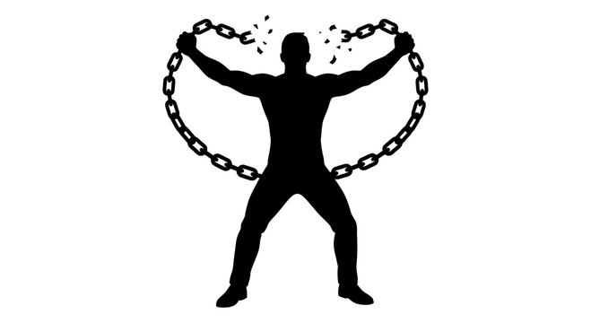 Silhouette of man breaking metal chains in circle.