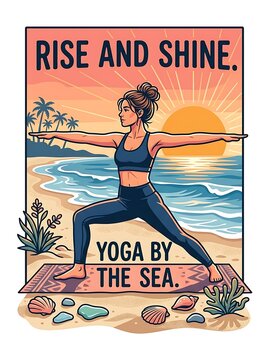 Woman practicing yoga on a tropical beach at sunrise