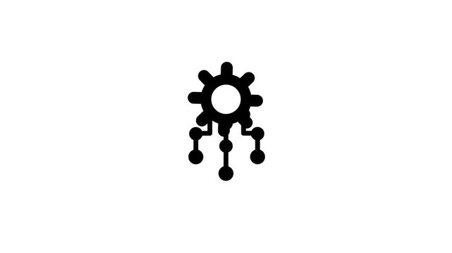 Gear icon connected to branching node animation isolated on white background