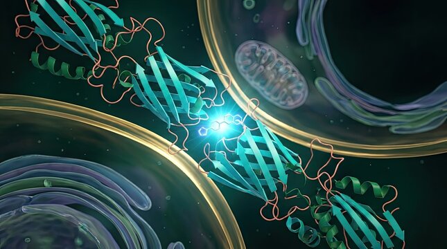 Biochemical protein interaction showing molecular structure and cellular environment detailed visualization.