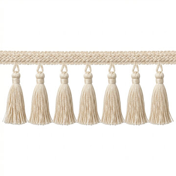 Beige tassel trim hanging on rope isolated on white background  
