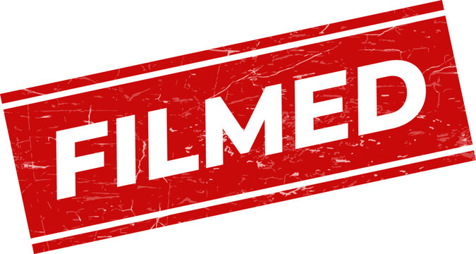 A bold red grunge textured rubber stamp icon prominently displays the word FILMED for creative media projects and cinematic purposes