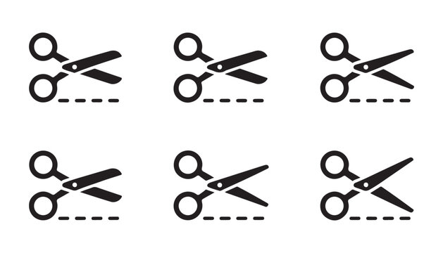 Scissor icon grid showing multiple opening angles and horizontal dotted lines for product promotions.