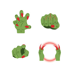 Fototapeta premium Collection of monster hand icons featuring creepy green skin for detailed inpection of halloween vector graphic design elements