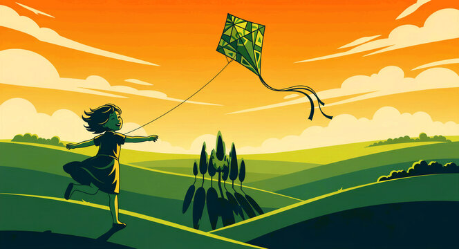 Young girl running and flying a kite across rolling green hills. Vibrant vector illustration of a child playing outdoors during sunset. Childhood joy and freedom concept for family lifestyle media.