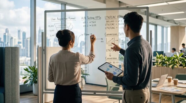 Marketing professionals brainstorming user acquisition funnel and A/B testing KPIs on glass whiteboard in creative agency office