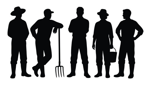 Black silhouettes of five farmers with tools