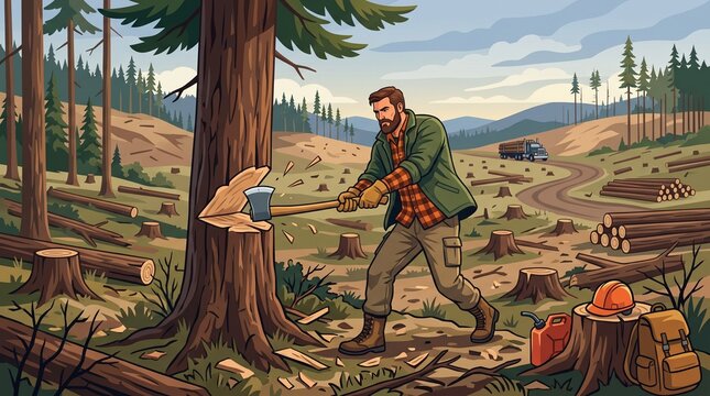 Illustration of lumberjack chopping tree with axe in forest. Concept of logging, deforestation, and forestry work, Represents environmental impact and industry made by AI generative