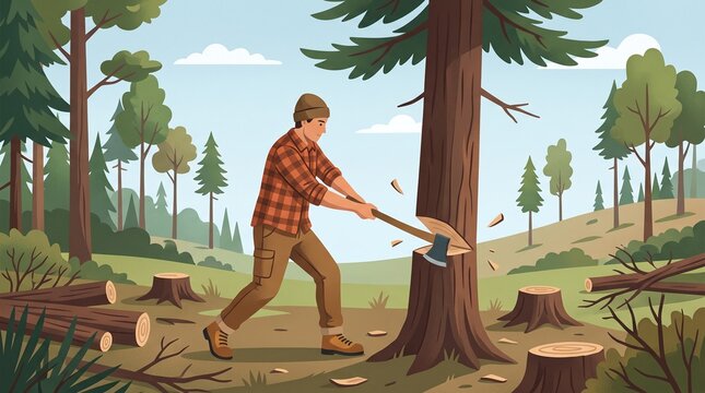 Lumberjack cutting down tree in forest with axe, Concept of deforestation, logging and environment problem, Represents industry and ecology made by AI generative