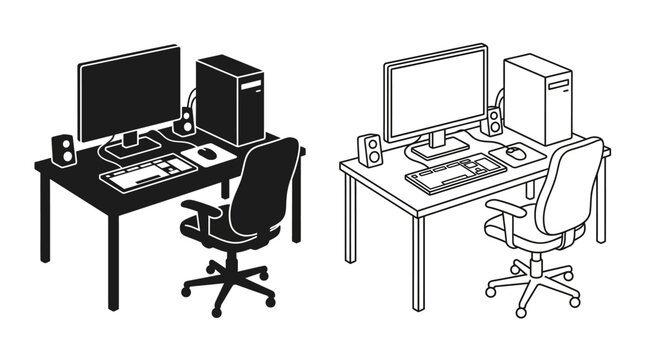 Computer Workstation Outline Black And White Line Art Illustration