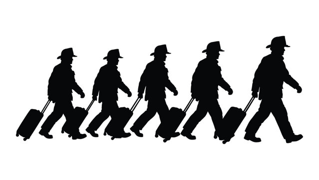 Silhouette of businessmen walking with luggage in a line