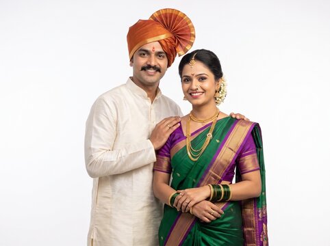 Smiling Maharashtrian Couple in Traditional Attire on White Background