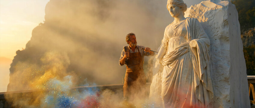 Senior sculptor carving a classical marble statue with a chisel. Artist working in a mountain studio at sunset with ethereal dust. Craftsmanship concept for fine art and creative inspiration.