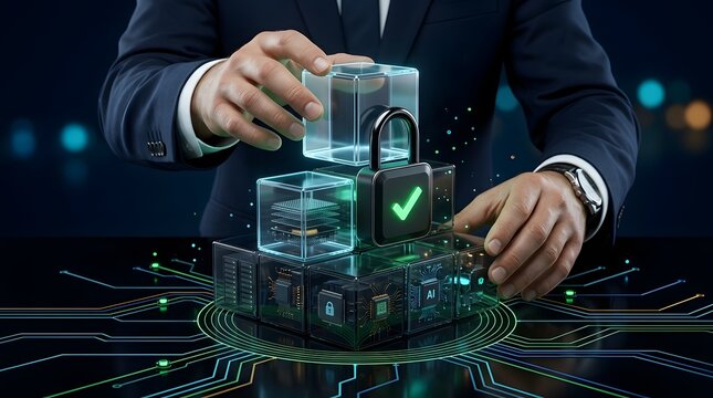 Hands manipulating a stack of digital tech cubes featuring a padlock with a green checkmark for cybersecurity