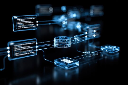 Glowing process flow diagram with coding icons and database s