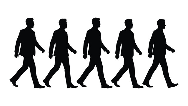 Black silhouette of five businessmen walking in a row