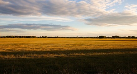 Fototapeta premium Scenic wide-angle view of a vast open field under a partly cloudy sky during daytime showcasing natural landscape and serene countryside environment for outdoor and nature themed projects